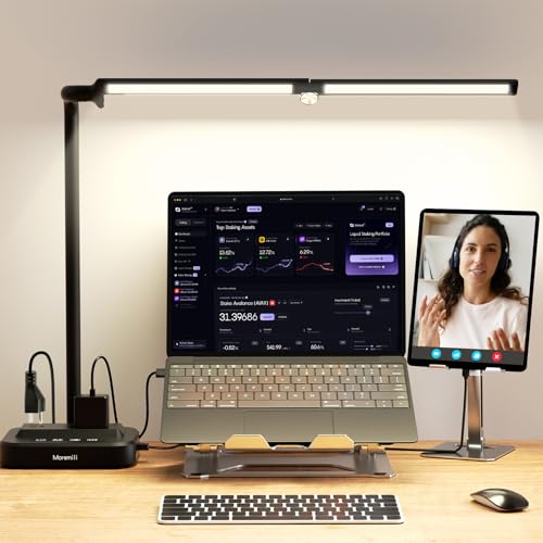 LED Desk Lamp for Home Office: Desk Light Double Head Adjustable with Power Strip 2 AC Outlets, USB-C USB-A Charging Ports Surge Protection, Foldable Table Lamp for College Dorm Room Essentials - color: Black1