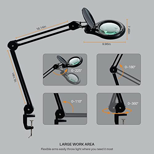 Bifocal LED Magnifying Lamp with Clamp, 14W 1200LM, Black | 5-inch bifocal glass lens with 60 SMD LEDs provides 2.25X & 6X magnification and 4 brightness levels - color: Black