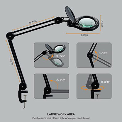 Bifocal LED Magnifying Lamp with Clamp, 14W 1200LM, Black | 5-inch bifocal glass lens with 60 SMD LEDs provides 2.25X & 6X magnification and 4 brightness levels - color: Black