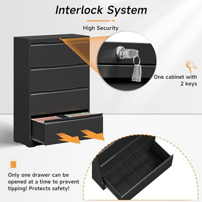 Bestoo 4 Drawer File Cabinet, Metal Lateral Filing Cabinet with Lock - color: Black, size: 4 Drawer 15.7" D x 35.4" W x 51.8" H