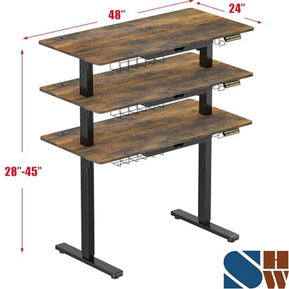 SHW 48-Inch Electric Height Adjustable Standing Desk w/Drawer, Rustic Brown - color: Rustic Brown, size: 48-Inch