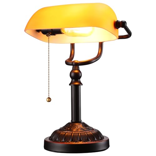 TORCHSTAR Amber Glass Bankers Desk Lamp with Pull Chain, E26 Base | Retro Weighted Base, Antique Traditional Library Lamp for Office Study Room, Bulbs not Included - color: Matted Orange