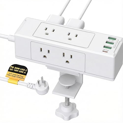 Premium Desk Clamp Power Strip & Edge Mount Desktop Charging Station | Features 6 AC Outlets & 4 Smart USB Ports (Fast Charge) | Heavy-Duty 10 Ft Extension Cord | No-Tool Easy Install
