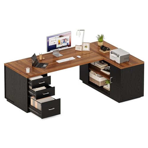 LITTLE TREE 87-Inch Modern Executive Desk with File Cabinet, Large Home Office Desk with Drawers, 3-Drawer Wooden File Cabinet, Spacious Workstation for Home Office (Brown & Black) - color: Brown and Black