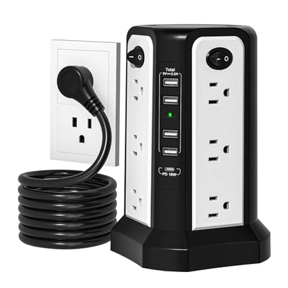 Surge Protector Power Strip Tower 10FT with PD18W USB C Port | Extension Cord with 12 AC Multiple Outlets, Charging Tower with 5 USB, Overload Protection for Home Office, Black White - style: Black White-4A1C