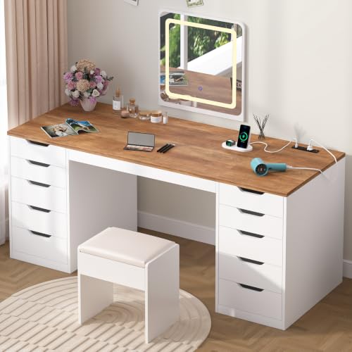 YOMILUVE 55 Inch Computer Desk with 10 Drawers and Outlets for Home Office - color: Brown and White, size: 55inch-10drawers