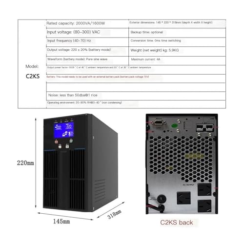 Online UPS Uninterruptible Power Supply 2KVA/1600W, 0ms Transfer Pure Sine Wave, External Battery for Computer Room