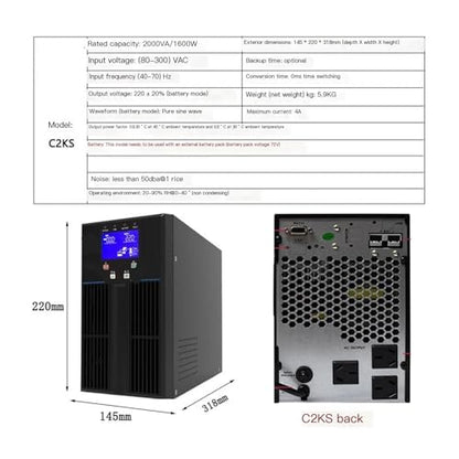 Online UPS Uninterruptible Power Supply 2KVA/1600W, 0ms Transfer Pure Sine Wave, External Battery for Computer Room
