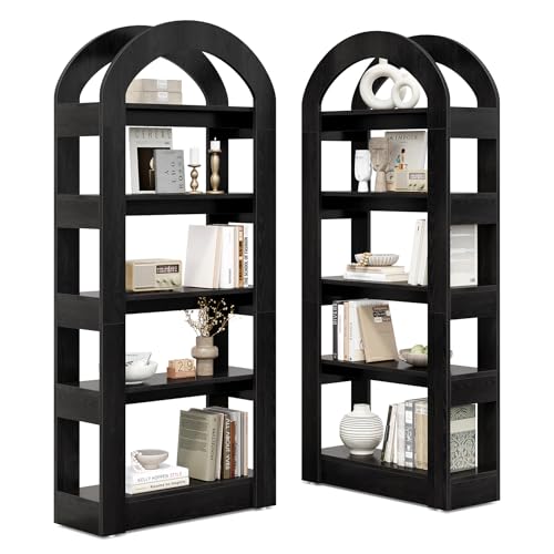 LITTLE TREE 5-Tier Bookshelf, Arch-Shaped Racks, Tall Standing Wooden Bookcase Display Shelf Modern Storage Solution (2, Black) - color: Black, size: 2