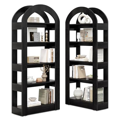 LITTLE TREE 5-Tier Bookshelf, Arch-Shaped Racks, Tall Standing Wooden Bookcase Display Shelf Modern Storage Solution (2, Black) - color: Black, size: 2