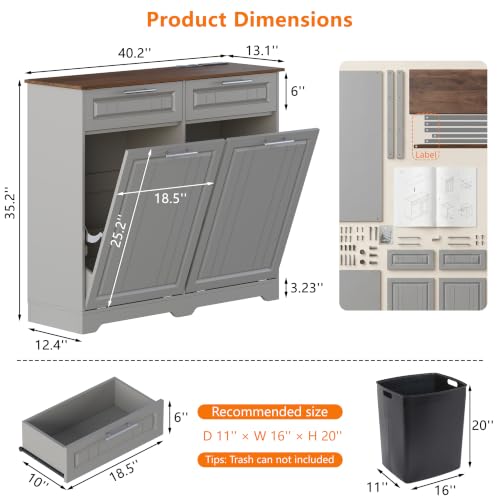 Double 10 Gallon Tilt Out Trash Can Cabinet with Deodorizing Function, Wooden Hidden Garbage Can Holder with Storage Drawers for Kitchen and Dining Room, Laundry Hamper Cabinet for Bathroom, Grey - color: Grey, size: 13.11"D x 40.16"W x 35.2"H(Double)