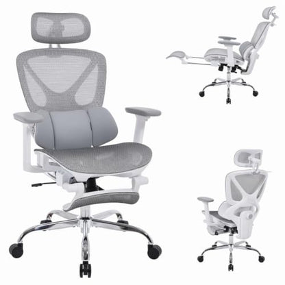 LuxErgo High Back Ergonomic Mesh Office Chair, Home Desk Chair with Adjustable Lumbar Support Foot Rest, 3D Headrest and Armrests, 350lbs Big and Tall High Back Reclining Gaming Chair, Gray - color: Grey