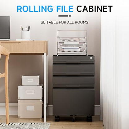 Bestoo Mobile File Cabinet, 3 Drawers Filing Cabinet with Wheels | Lockable, Metal File Cabinet, Under Desk File Cabinet, Suitable for Letter/Legal/A4/ File Folder, Easy to Assemble - color: Black, size: 3Drawer-Mobile-24.2"H