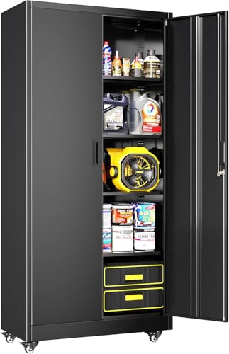 Greenvelly 73" Metal Storage Cabinet with Wheels, Black Garage Storage Cabinet with 4 Adjustable Shelves and Locking Doors, Garage Rolling Storage Cabinet for Warehouse, Garage, Home Office, School