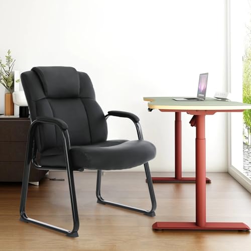CLATINA Big and Tall Office Chair 500lbs Leather Reception Chair with Bonded Padded Armrest Wide Seat Sled Base Desk Chair No Wheels for Reception Conference Waiting Room Side Office Home, Black - color: Black Sled Base, size: 1 Pack