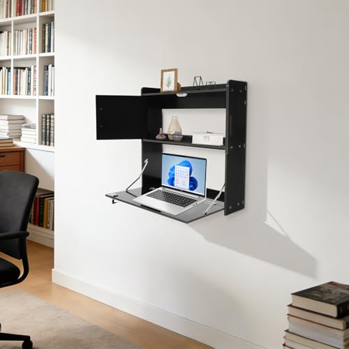 Wall Mounted Desk, Floating Desk with Lock & 2 Storage Shelves, Multifunctional Fold Down Laptop Computer Table Writing Workstation for Home Office (Black)