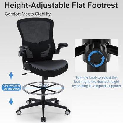 Drafting Chair 400lbs Heavy Duty Tall Office Chair Big and Tall Ergonomic Standing Desk Chair with Lumbar Support and Adjustable Footrest Ring, Comfy Mesh Wide Chair with Flip-up Armrests, Black