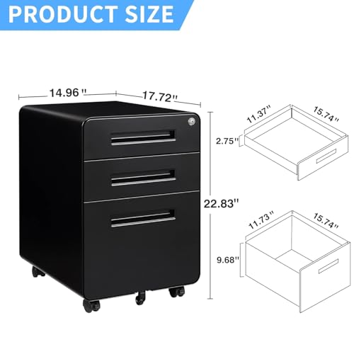 Letaya File Cabinet, 3 Drawer Filing Cabinets for Home Office with Lock Mobile Under Desk Fully Assembled Cabinet (Black) - color: Black, size: 18"D x 14.96"W x 23"H