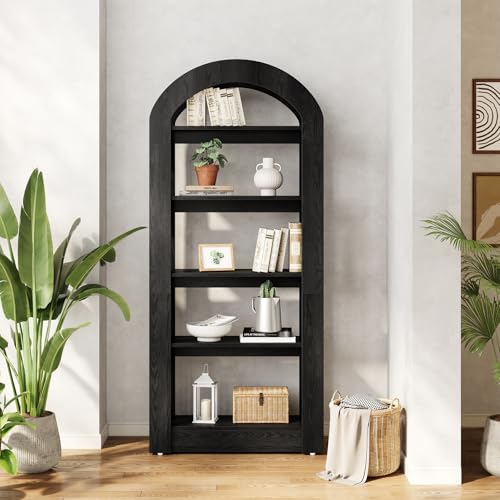 LITTLE TREE 5-Tier Bookshelf, Arch-Shaped Racks, Tall Standing Wooden Bookcase Display Shelf Modern Storage Solution (1, Black) - color: Black, size: 1