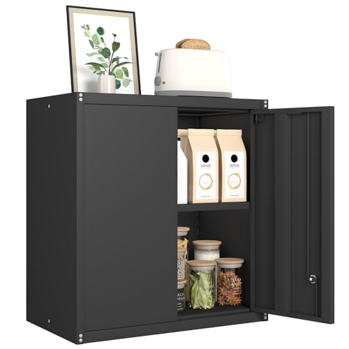 GREATMEET Metal Garage Storage Cabinet with Lock, Metal Wall Cabinets for Garage, Wall Mount Cabinet, Upper Cabinets Wall Mounted, Utility Cabinet with Adjustable Shelf for Home Office, Black - color: Black, size: 27.95"H