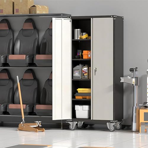 Rolling Garage Storage Cabinet with Locking Door and Shelves, 71''H Lockable Metal Storage Cabinet on Wheels, Steel Tool Cabinet for Warehouse, Basement, Utility Room, Black&Gray - size: Large