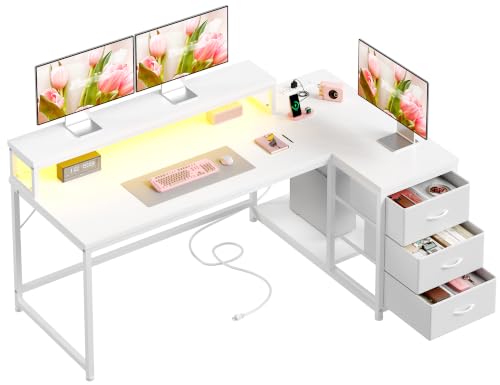 EnHomee 55" White L Shaped Desk with 3 Storage Drawers for Home Office | Computer Desk with 3 Fabric Drawers; Organize Gaming Accessories & Stationery for Tidy Teen Study & Gaming Corner, White - color: White, size: 55inch
