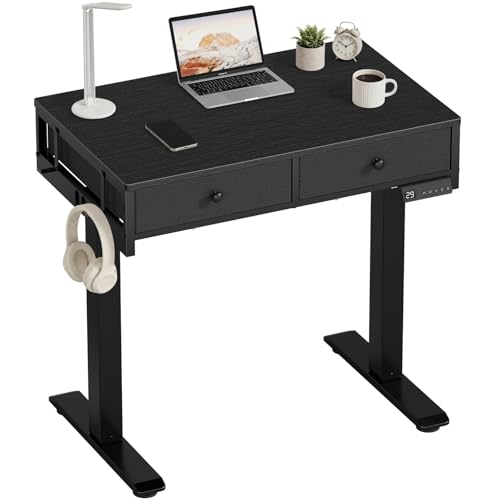 KLUVIS Black Sit Stand Desk with Drawers, 32 Inch Electric Standing Desk with Storage, Small Space Stand Up Computer Desks for Home Office Bedroom, Study Writing Desks for Walking Pad - color: Black, size: 31.5''