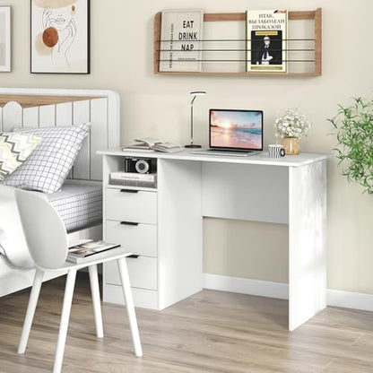 Tangkula White Desk with 3 Drawers & Charge Station, Home Office Desk with Open Shelf, Study Writing Desk, PC Desk Computer Workstation, Modern Computer Desk for Bedroom, Study - size: 42.5" x 19"