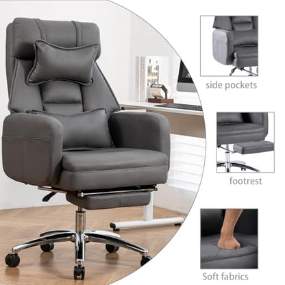 Executive Office Chair, Big and Tall Ergonomic Desk Chairs with Headrest & Footrest, Adjustable High-Back Recliner, Swivel Computer Chair w/Side Pockets, Lumbar Support for Home Office (Dark Grey) - color: Dark Grey