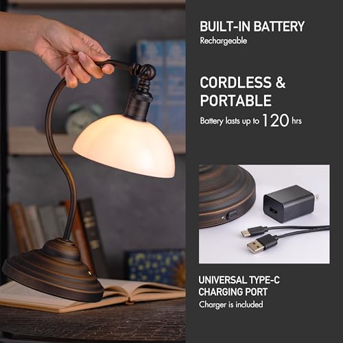 O'Bright Bankers - Cordless LED Table Lamp, Battery-Operated, Rechargeable, 3-Level Dimming, Universal USB-C Charging, 180° Swivel Head, White Jade Glass Shade, Oil Rubbed Bronze - color: Oil Rubbed Bronze-White Glass