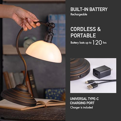 O'Bright Bankers - Cordless LED Table Lamp, Battery-Operated, Rechargeable, 3-Level Dimming, Universal USB-C Charging, 180° Swivel Head, White Jade Glass Shade, Oil Rubbed Bronze - color: Oil Rubbed Bronze-White Glass