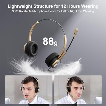 Wired Gold USB Headset with Noise-Canceling Microphone for PC, Lightweight Office USB Headphones for Call Center Office Remote Work, for Teams Zoom 3CX WebEx Calls, E-Learning & Dictation