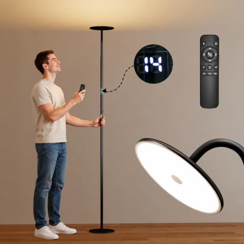 60W Torchiere Floor Lamp, Sky LED Floor Lamp, 76'' Height Adjustable, 10-Level Brightness & Color Temperature, 360° Adjustable, Timer, Remote, for Living Room, Bedroom, Home Office Lighting - color: Digital Display, Remote & Touch Control (B)
