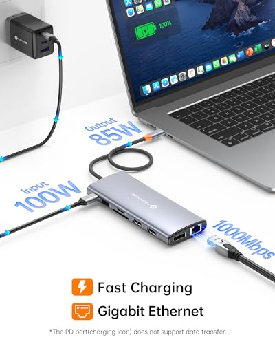 NOVOO USB C 14 in 1 Docking Station Dual Monitor with 4K60 HDMI & 8K30 DP | USB C Hub Adapter, Laptop Docking Station with Thunderbolt 3 to Dual 4K60 HDMI+8K30 DP USB C/A Data 100W PD RJ45 SD/TF - style: 14-in-1