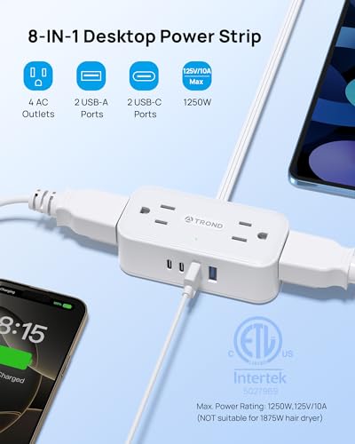 TROND 360° Rotating Flat Plug Power Strip 10ft, 4 Widely AC Outlets, White - color: White, size: 10FT