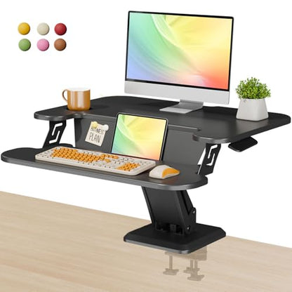 28" Standing Desk Converter, Height Adjustable Clamp Desktop Riser with Keyboard Tray, Sit Stand Monitor Riser Workstation for Home Office, Magnets Inclued, Black