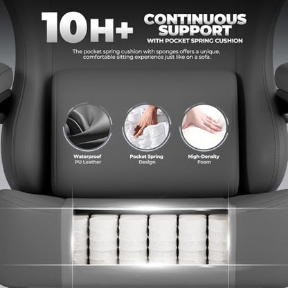 GTPLAYER Big and Tall Gaming Chair 400lbs Heavy Duty Office Chair with Footrest, High Back Pocket Spring Ergonomic Computer Chair for Adults, Wide Seated Cushion with Linkage Armrests, Leather Grey - color: Dark Grey