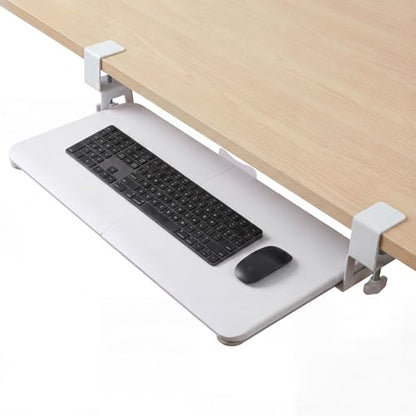 White Keyboard Tray Under Desk Clamp, 26.77" Large Under Desk Keyboard Tray Slide Out, Ergonomic Keyboard and Mouse Tray with Wrapped Edge Finish, Modern Desk Extender for Home Office - color: White