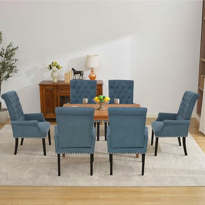 LOULENS Linen Dining Chair with Arms, Tufted Dining Room Chairs, Blue | Solid Wood Legs, Nailhead Trim, Accent Chair, Kitchen Chair - color: Light Blue, size: 1 PCS