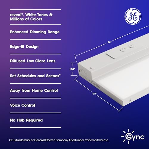 GE CYNC Reveal HD+ Smart LED Undercabinet Bar Light, 24 inches | Color Changing & Tunable White 2000K to 7000K, Wi-Fi, Works with Alexa & Google Home, Plug-in or Direct Wire, No Hub Required - size: 24 Inch, style: Light Bar