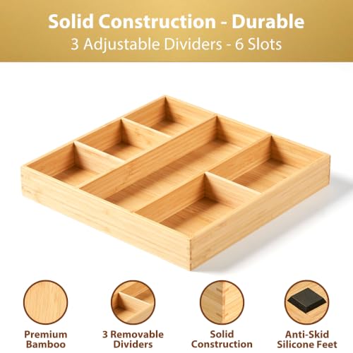 Umilife Bamboo Desk Drawer Organizer, Wood Office Junk Tray, 12"x12" | 1.8" Tall for Shallow Drawer - Adjustable dividers - Anti Slip Silicone Pads - Versatile Storage Box in Kitchen, Pantry - size: 12"x12"