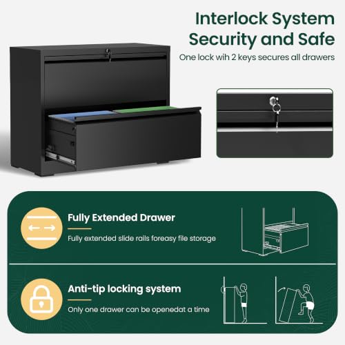 2 Drawer Lateral File Cabinet, Metal Filing Cabinet for Home Office, Black | Heavy-Duty Steel Locking File Cabinet, Hanging Letter/Legal/A4 Size, Full-Extension Drawer, Assembly Required - color: Black, size: 2 Drawers (35.43 in Width)