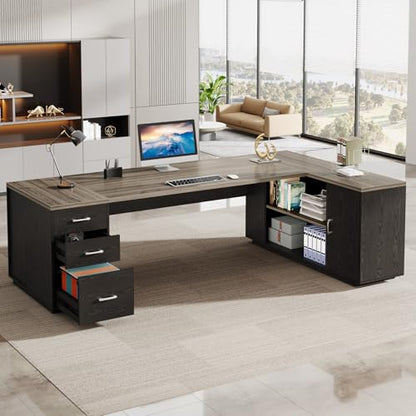 Tribesigns 85.8-Inch L-Shaped Executive Desk, Extra Large Home Office Desk - color: Grey & Black