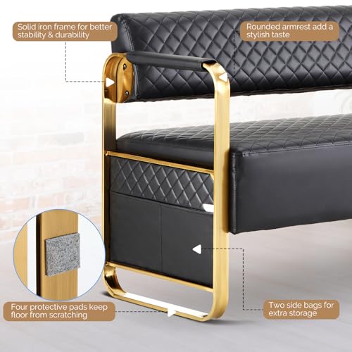 OmySalon Waiting Room Chairs with Arms, 57.5’’ Office Guest Chair upholstered Bench Seating, Reception Furniture for Beauty Salon Barbershop Airport Bank Hall Room Conference, Black&Gold