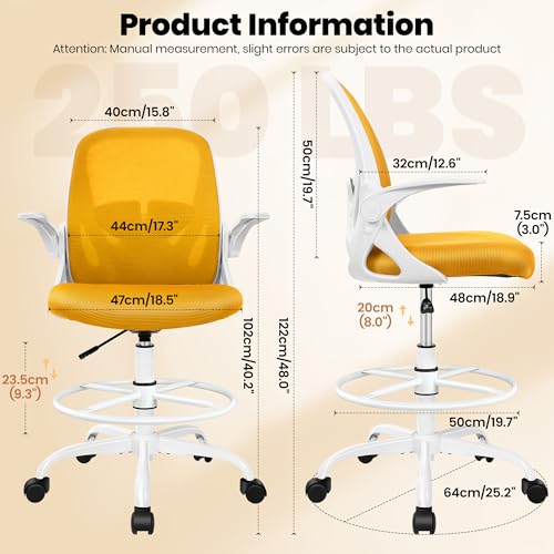 Drafting Chair Tall Office Chair with Flip-up Armrests Executive Ergonomic Computer Standing Desk Chair with Lumbar Support and Adjustable Footrest Ring (Mustard) - color: Mustard, size: 934-Z