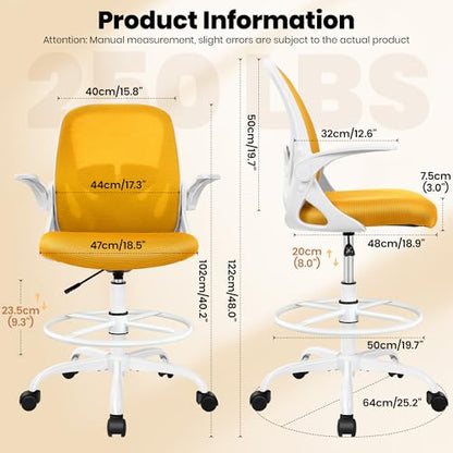 Primy Drafting Chair Tall Office Chair with Flip-up Armrests Executive Ergonomic Computer Standing Desk Chair with Lumbar Support and Adjustable Footrest Ring (Mustard) - color: Mustard, size: 934-Z