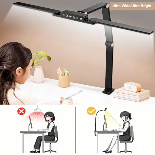 NUNET 24W LED Desk Lamp with 2-in-1 Weighted Base & Clamp, 26.8" Dual Monitor Light Bar, Remote, Eye-Caring Red Light Beads, Stepless Dimming, Adjustable Architect Swing Arm for Home Office, Black | Weighted base option, remote control, eye-caring red bea