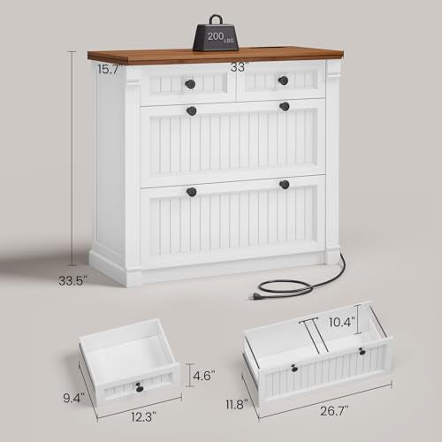 SEDETA 4 Drawers File Cabinet, 33" Farmhouse Filing Cabinets for Home Office fit Legal/Letter/A4 File, Wood Office File Cabinet with Power Outlets, Printer Stand with Storage, White+Brown - color: White+brown