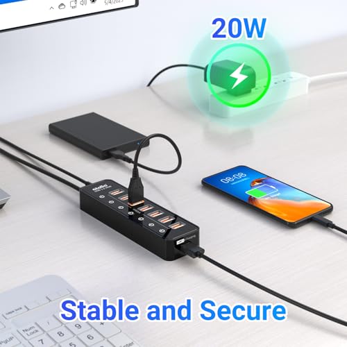 Powered USB Hub 3.2, atolla 8-Port USB 3.2/USB C Hub, Powered USB C Hub with 7 USB-A 10Gbps ports +1 Smart Charging port, Individual On/Off Switches, LEDs, 20W Power Adapter for PC/Laptop, Flash Drive - size: 8-Port USB 3.2 Hub