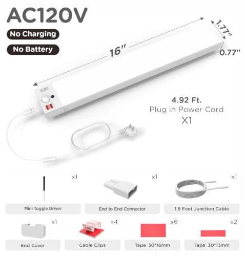 Under Cabinet Lighting Plug in, AC120V 3CCT 3000/4000/5000K Motion Sensor Light Indoor with Timer, Super Bright Linkable LED Counter Light for Kitchen, Closet, White 16 Inch, 1Pack - size: 16 Inch